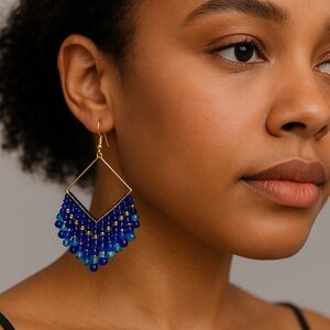 Chic Gold and Blue Beaded Earrings